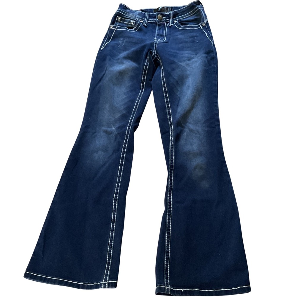 Rebel Jeans Womens Dark Wash Flare Leg Contrast Stitch Floral Embroidered Size 3
